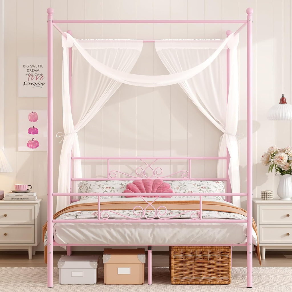 Weehom Full Canopy Bed Frame with Headboard and Footboard, 4 Posters Metal Bed Frame, No Box Spring Needed, Mattress Foundation Platform Bed for Kids and Adults, Pink
