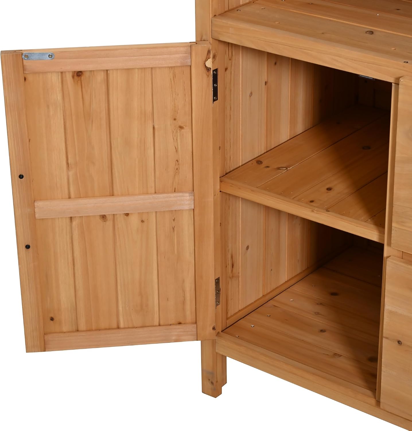 Potting Bench Table with Storage Shelves, Cabinets and Drawers, Multi-Functional Outdoor Patio Workstation with Side Hooks for Patio, Backyard, Mudroom, Natural Wood