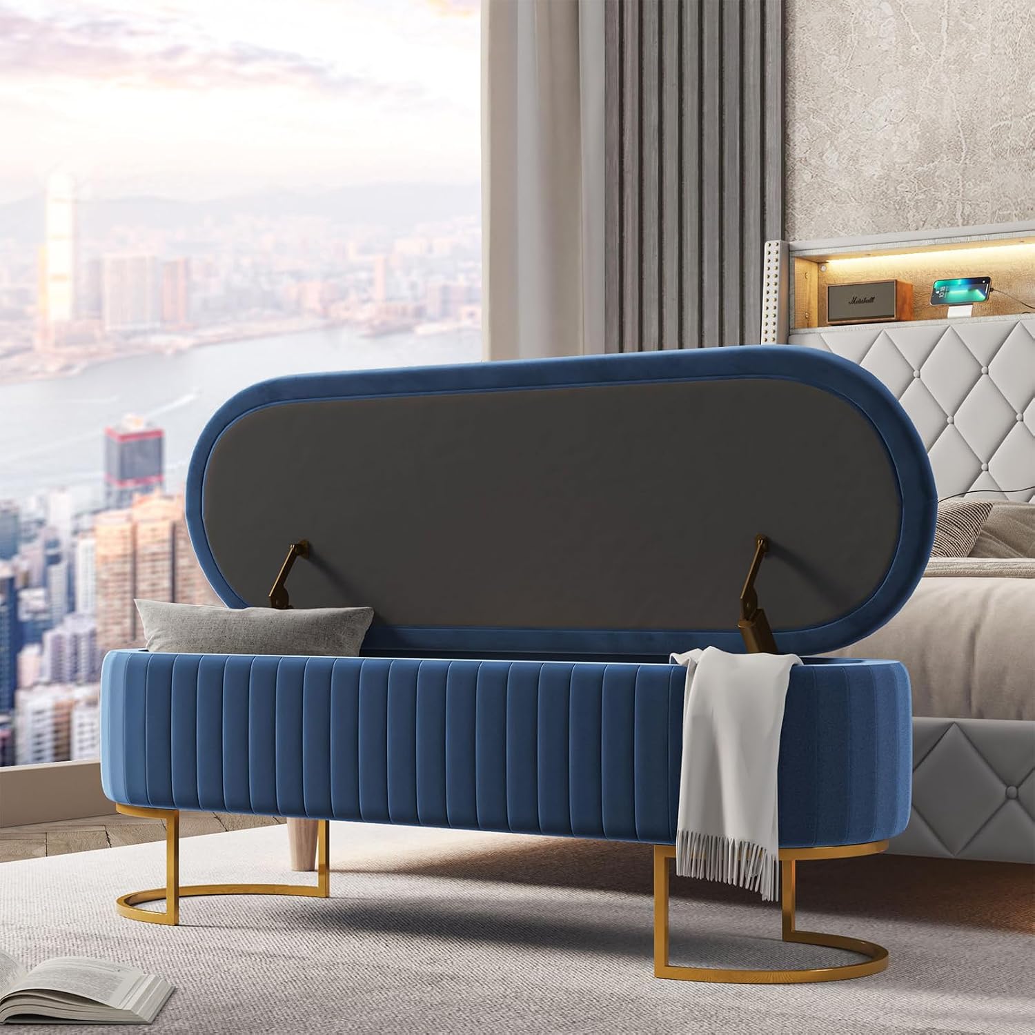 EcoHarbor Living 50.5' Velvet Bedroom Storage Bench Ottoman, Upholstered End of Bed Bench with Gold Legs, Flipping Lid Entryway Footrest Seat, Navy
