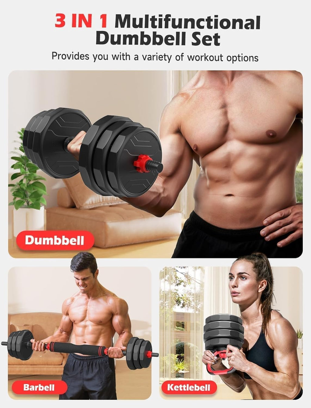UKEEP Adjustable Dumbbells Set, 20/30/40/55/60/80lbs Free Weight Set with Connector, 2 or 3 in 1 Dumbbells Set Used as Barbell, Kettlebells, Fitness Exercises for Home Gym Suitable Men/Women