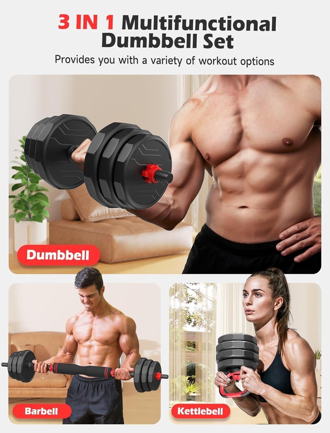 UKEEP Adjustable Dumbbells Set, 20/30/40/55/60/80lbs Free Weight Set with Connector, 2 or 3 in 1 Dumbbells Set Used as Barbell, Kettlebells, Fitness Exercises for Home Gym Suitable Men/Women