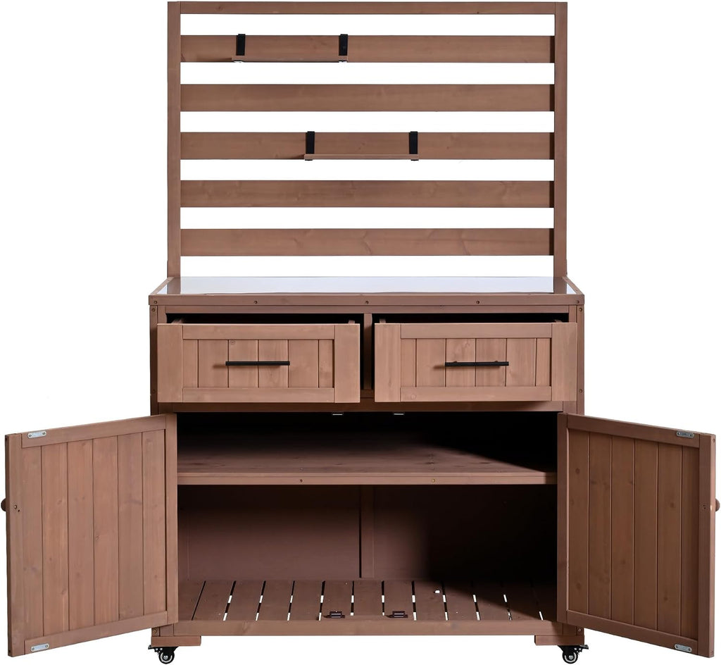 Garden Potting Bench with Movable Shelves and 2 Drawers, Large Rolling Garden Workstation with Stainless Table Top for Mudroom, Doorway (Brown)