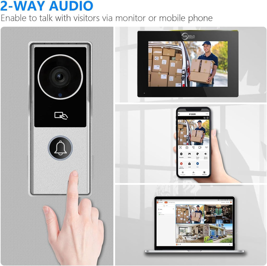 ANJIELO SMART Wired Video Intercom System, Video Doorbell Door Phone System,WiFi 1080P HD Monitor, Night Vision,Dual-Way Intercom for Villa House Office Apartment (1 Bell +2 Monitor)