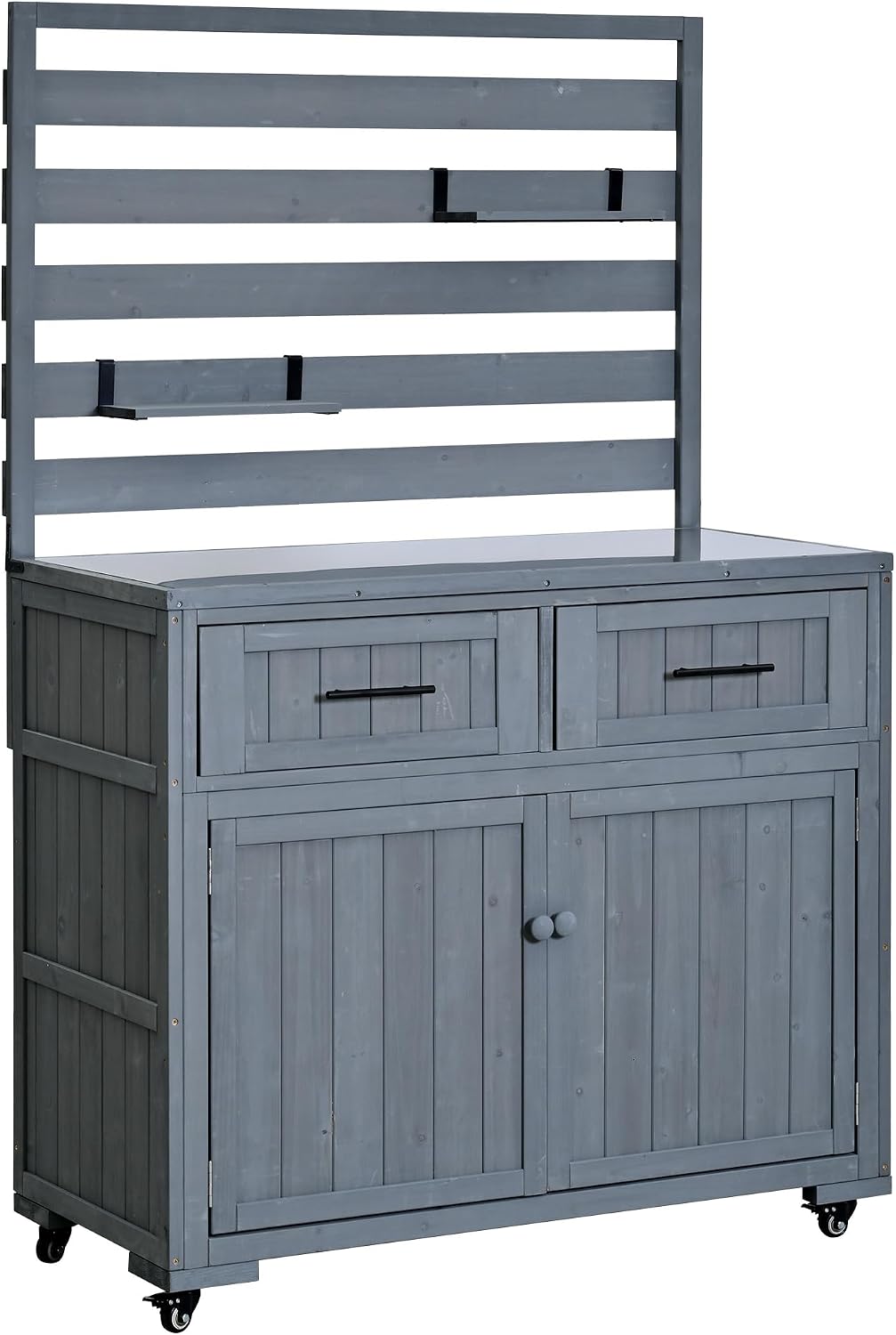 Roomfitters 64.9' Garden Potting Bench with Stainless Steel Top, Rolling Outdoor BBQ Prep Station, Storage Hutch, Drawers, Gray