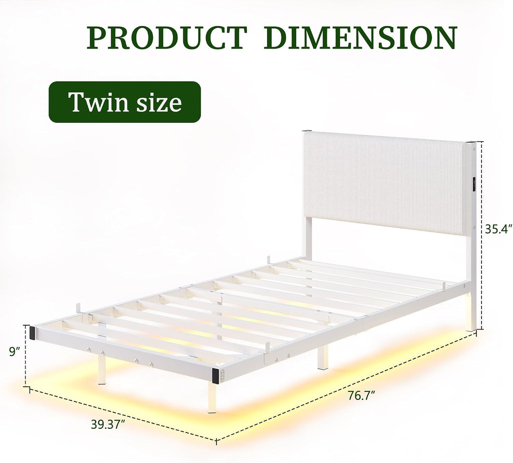 Twin Floating Bed Frame with Headboard,Twin Size Floating Bed Frame with LED Lights & USB Charging Station,Metal Platform Bed with Strong Slats Support,No Box Spring Needed,Easy Assembly,White