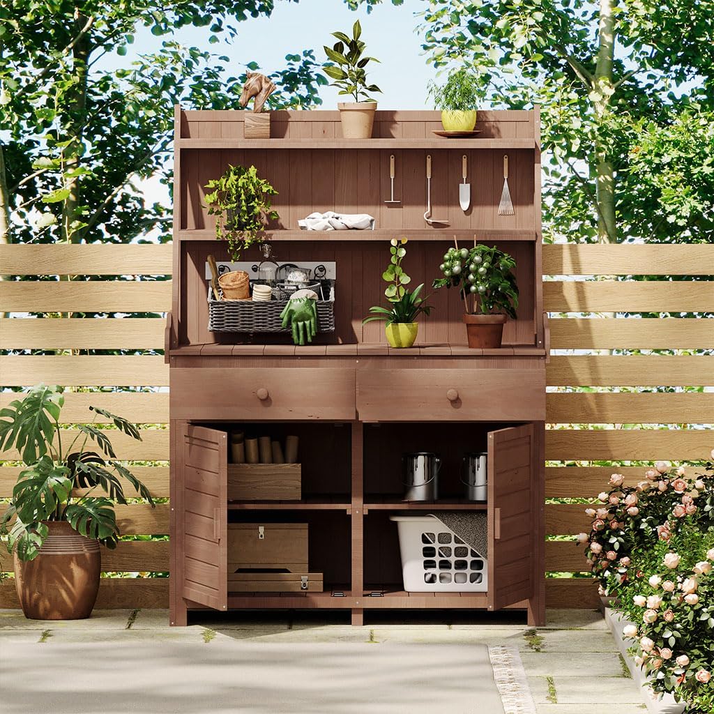 Outdoor Potting Bench, 65' Garden Potting Bench Table Work Bench with Storage Cabinet Shelf and Drawer, Large Horticulture Work Table Workstation for Patio/Lawn/Garden,Brown