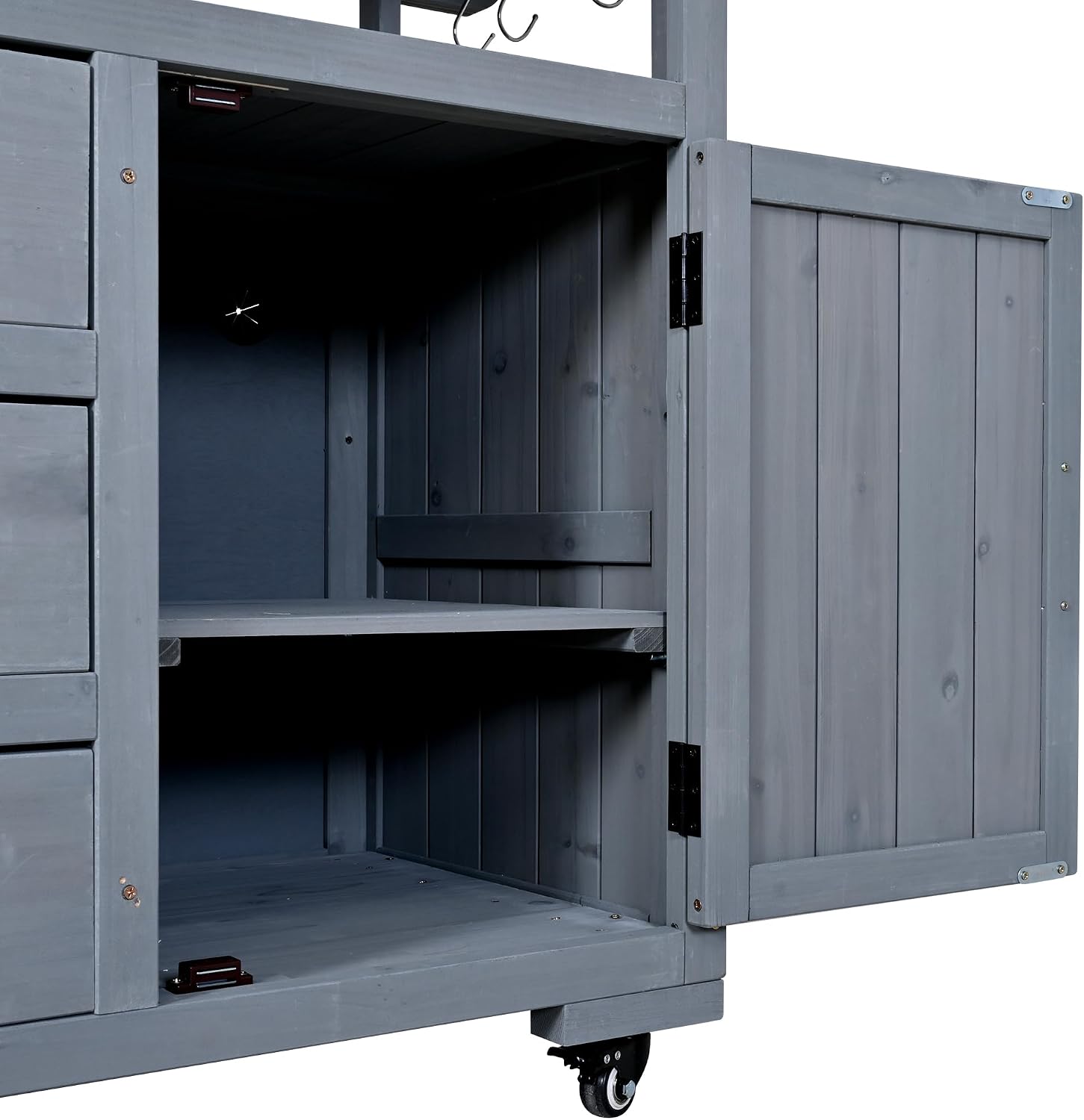 65''H Large Garden Storage Potting Bench with Lockable Wheels, Wood Outdoor Kitchen Island with Stainless Steel top, Drawers, Door Shelves and Hutch for Grilling, Gray