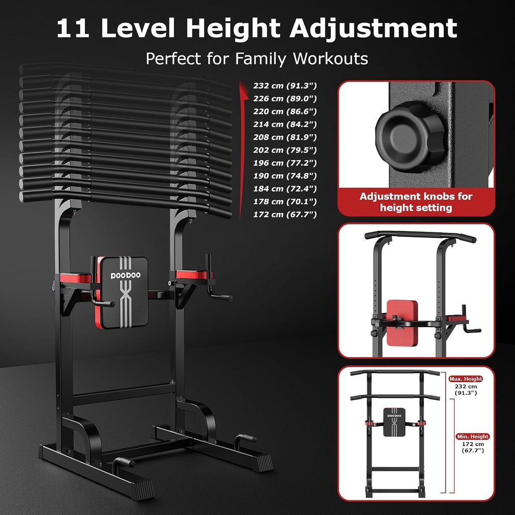 Pooboo Power Tower Dip Station Pull Up Bar for Fitness Home Gym Workout,450 Pounds Multi-Function Adjustable Height Fitness Strength Training Exercise Equipment,with Power Elastic Ropes