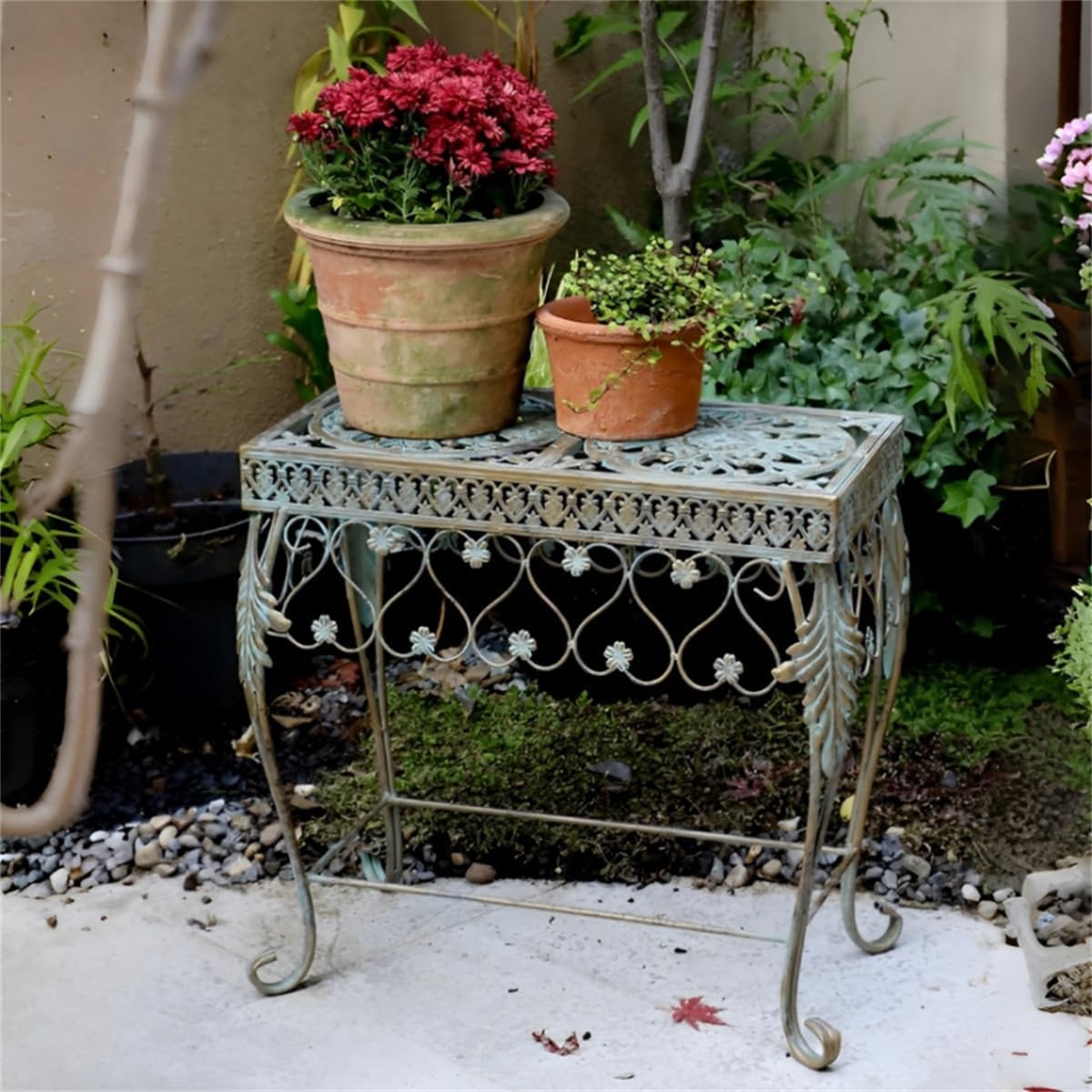 Outdoor Wrought Iron Flower Stand, Heavy Duty Garden Potting Bench Table,2 Tier Metal Plant Stand,Large Garden Work Bench Station,for Home Garden Backyard,B