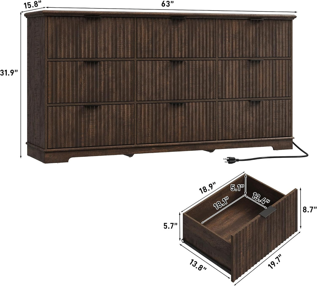 Fluted 9 Drawers Dresser for Bedroom, 63' Wood Dresser with Power Outlet and Deep Drawers, Wide Chest of Drawers, Modern Closet Dressers for Living Room, Upgraded Version with Wooden Drawers, Brown