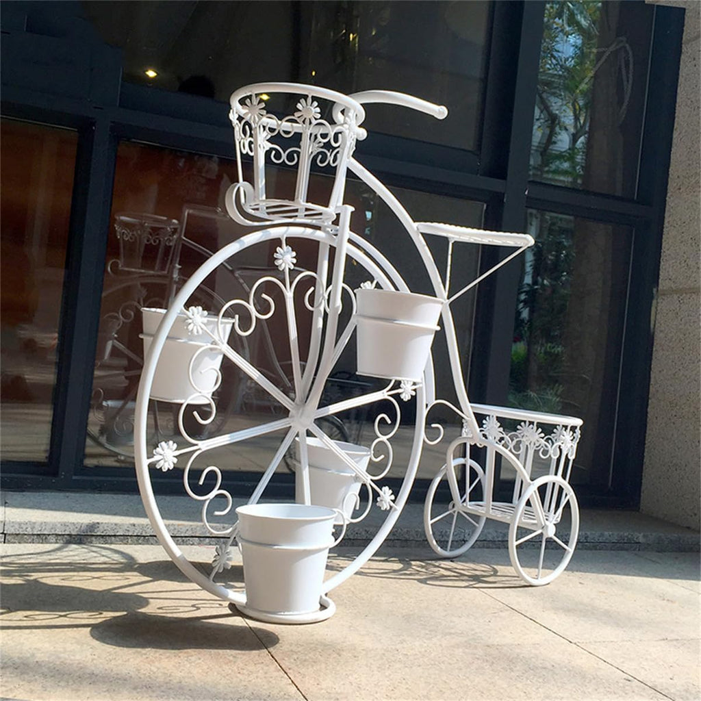 Moveable Plant Shelf for Indoor Outdoor,Heavy Duty Metal Multiple Plant Rack Holder,Creative European Style Bicycle Iron Flower Stand,Outdoor Garden Potting Bench Table,for Patio, Balcony,White