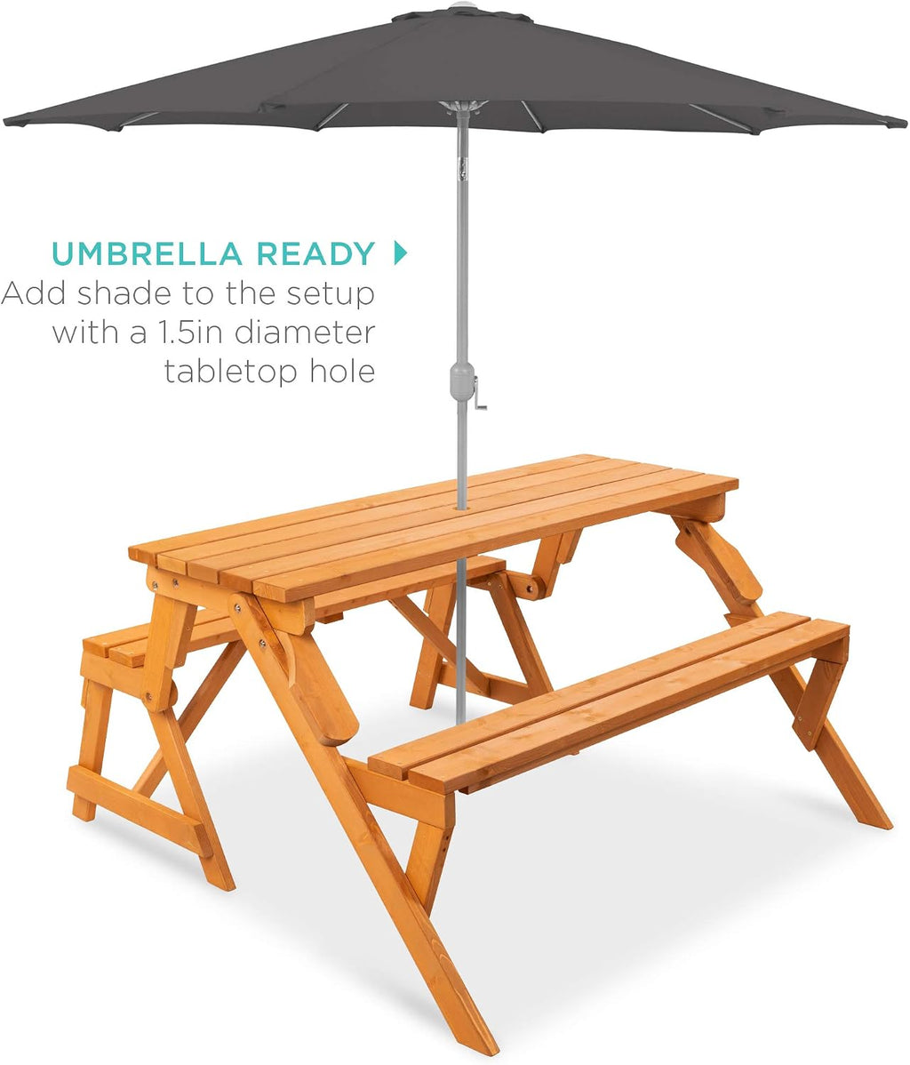 Best Choice Products 2-in-1 Transforming Interchangeable Outdoor Wooden Picnic Table Garden Bench for Backyard, Porch, Patio, Deck w/Umbrella Hole - Natural