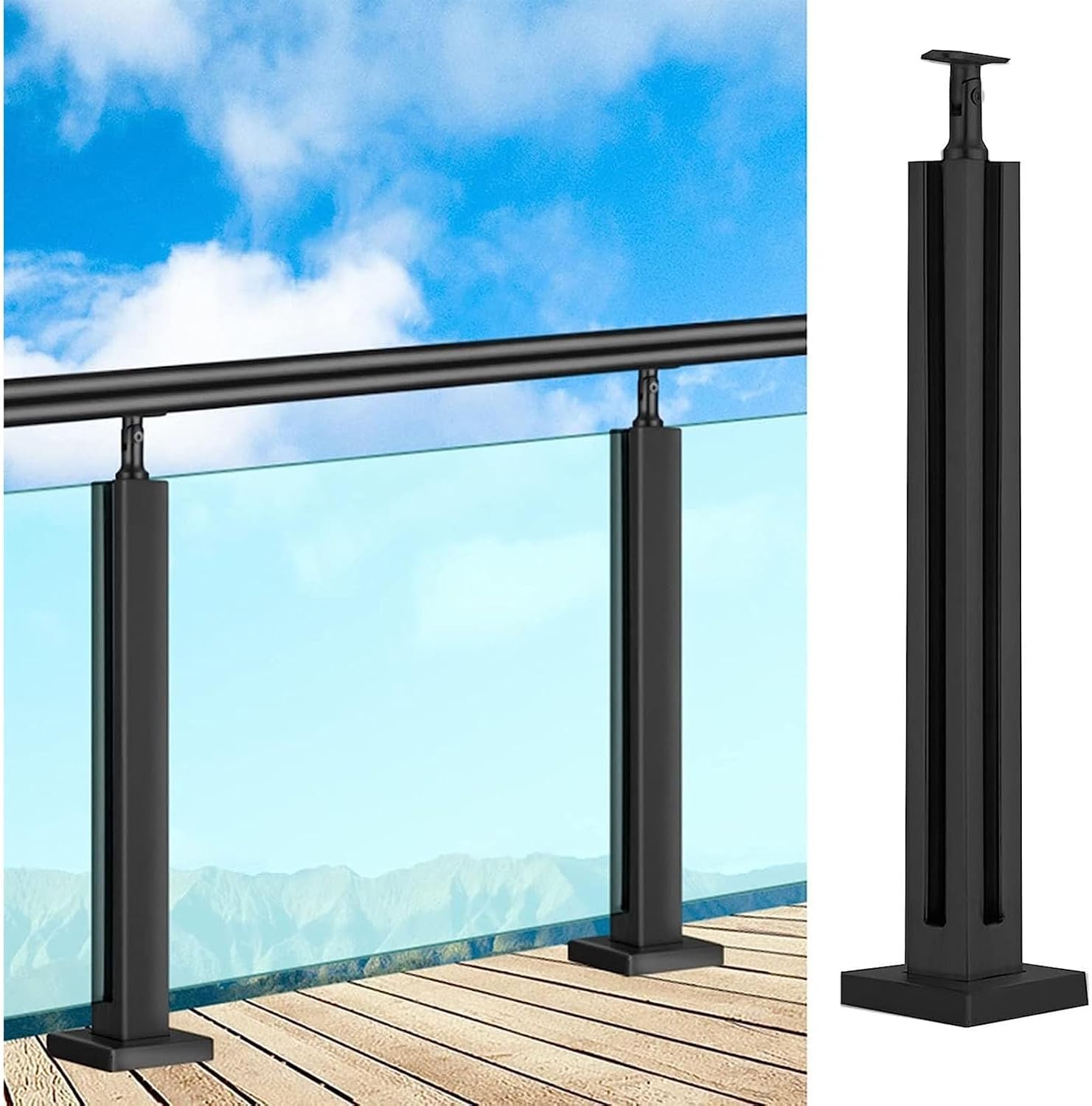 Black Glass Railing Post, 304 Stainless Steel Black Finish, For Stairs And Deck Handrails，Can Be Installed on Wood or Concrete Floor, For 3/8' Or 1/2' Thick Glass(Corner Post,Height-90cm/35.4in)