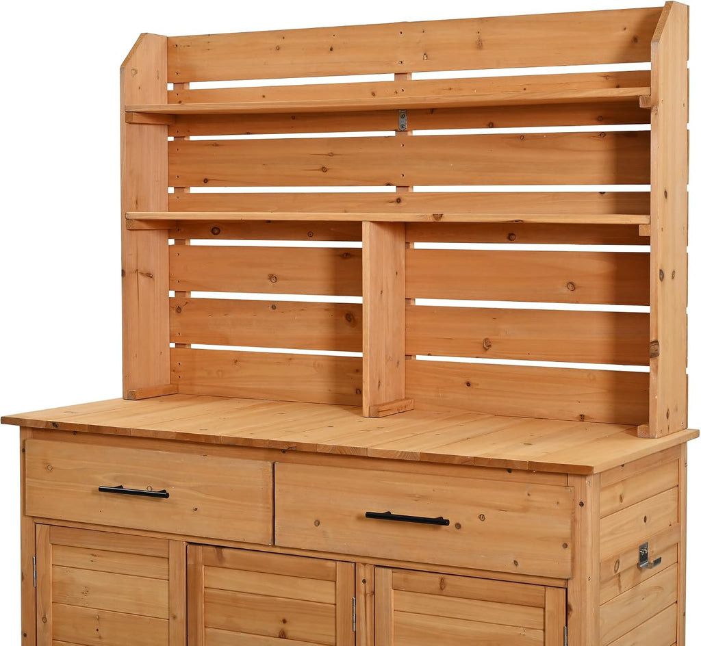 Polibi 65' H Large Garden Potting Bench with Lockable Wheels,Hutch Top & Storage Cabinet, Fir Wood Outdoor Kitchen Island Prep Cart with Drawers and Removable Shelves for Grilling, Natural