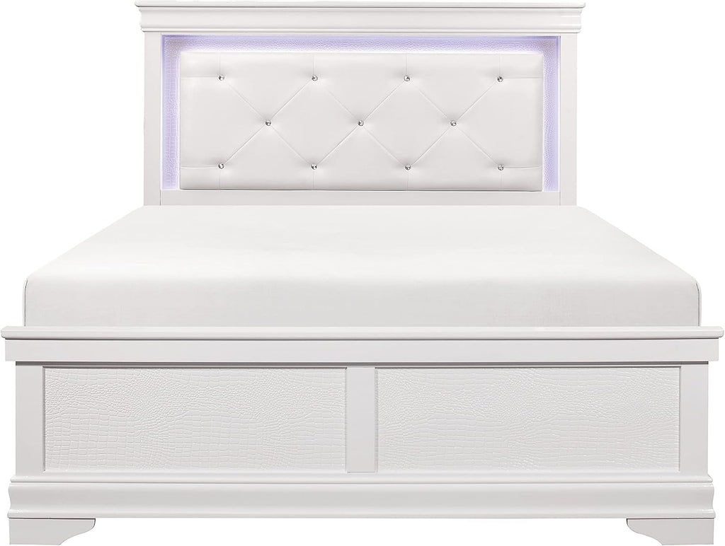 Glam 4 Pieces Set Bedroom Furniture Full Size Tufted LED Light Bed White Finish Alligator Texture Fronts Wooden Traditional Design