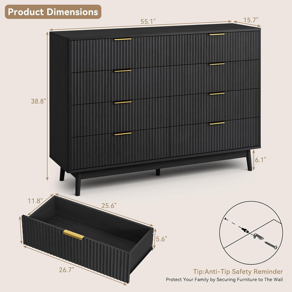 CARPETNAL Fluted 8 Drawer Dresser for Bedroom, 55' Wide Wooden Chest of Drawers with Rounded Corners, Gold Handles, Modern Storage Organizer for Bedroom, Hallway(Black)