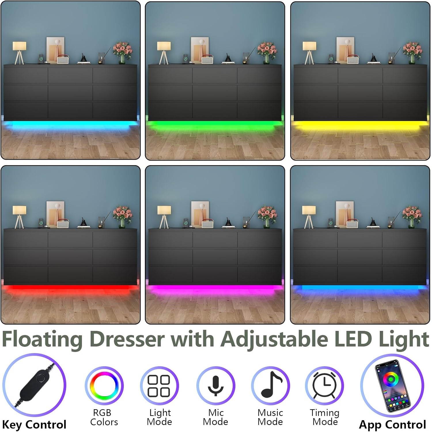 Gyfimoie 9 Drawer Dresser with Power Outlet and LED Lighting, Floating White Dresser Chest of Drawers, The Modern Organizer for Bedroom & Living Room (Black)