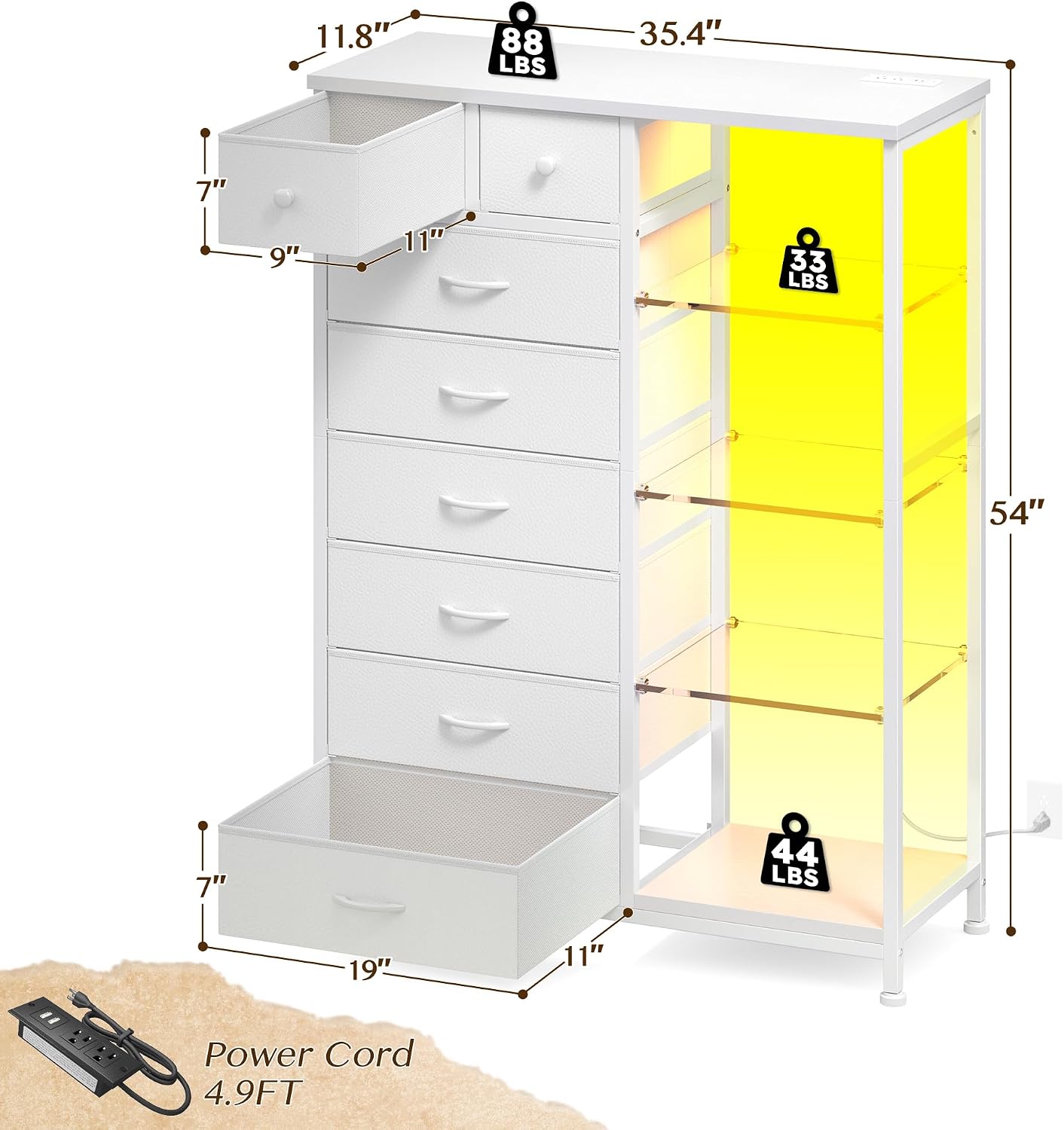 EnHomee 54' H Dresser for Bedroom with LED Lights & Power Outlets Dresser with 8 Drawers Fabric Dressers & Chests of Drawers, Shelves for Bedroom, Sturdy Metal Frame, Acrylic Plates (White)
