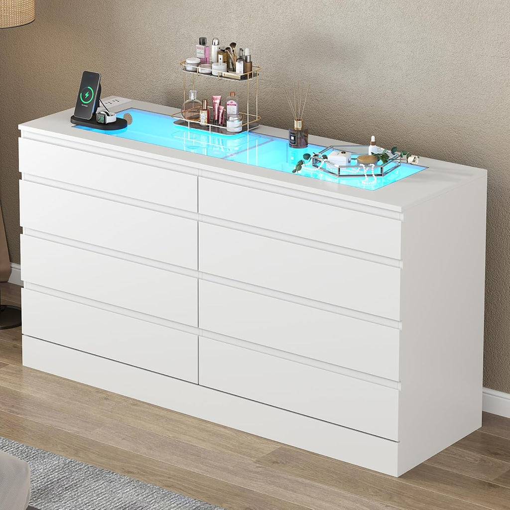 Gyfimoie 8 Drawer Dresser with Power Outlet, White Dresser for Bedroom Chest of Drawer with Glass Top & LED Light, Modern Double Wide Drawer Organizer Cabinet for Living Room (White)