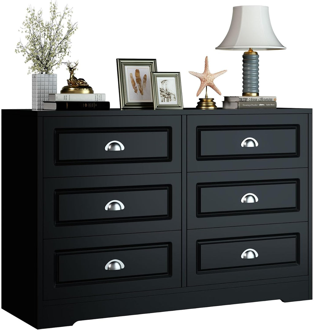 Shintenchi Dresser for Bedroom with 6 Drawers,Double Dresser & Chest of Drawers Wooden Organizer with Metal Handle, Storage TV Stand for Living Room,Black