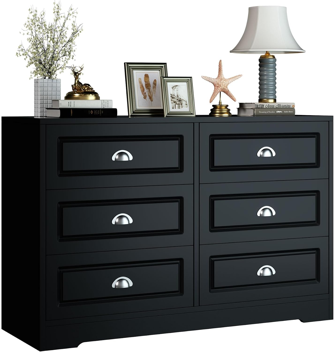 Shintenchi Dresser for Bedroom with 6 Drawers,Double Dresser & Chest of Drawers Wooden Organizer with Metal Handle, Storage TV Stand for Living Room,Black