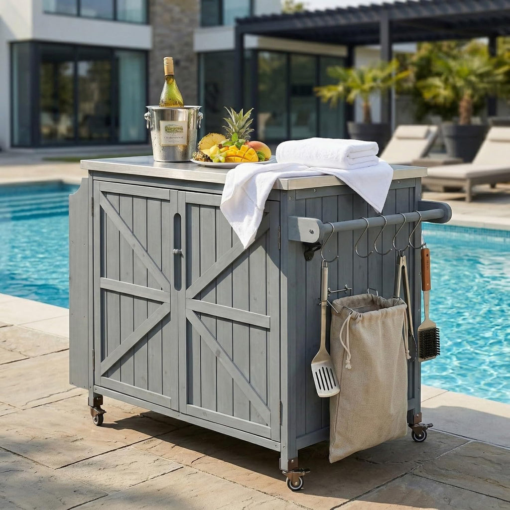 42.1' Outdoor Grill Cart with Storage, Small Kitchen Island with Stainless Steel Top, Side Shelf & Adjustable Shelf, Mobile Bar Cart with Storage and Locking Wheels (Grey+Blue)