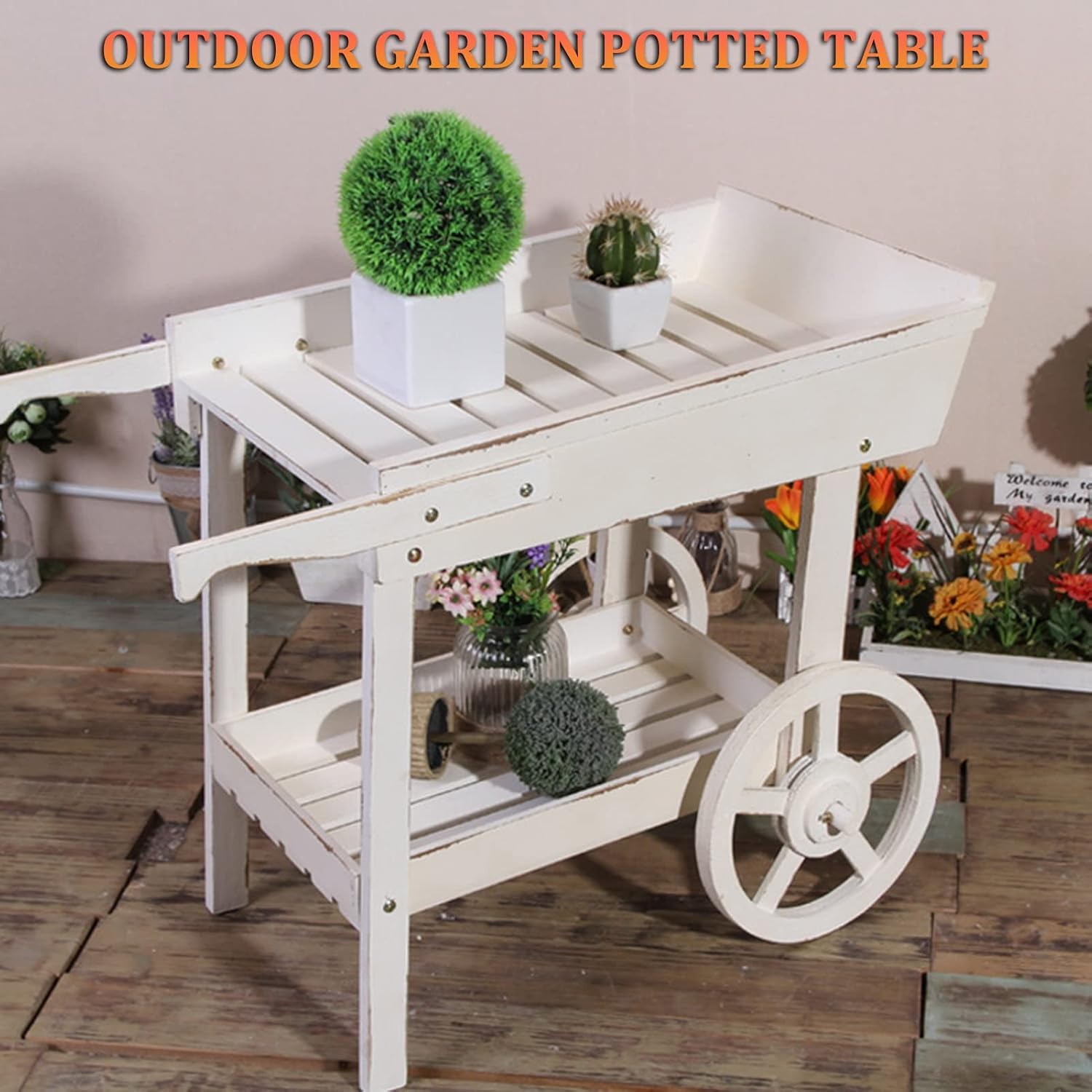 Potting Bench, Outdoor Potting Bench Cart Table, Home and Outdoor Multifunctional Wooden Table Top Worktable On Two Wheels