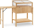 Macrout Cold Frame Greenhouse with Foldable Potting Table, Raised Garden Bed Planter Box with Legs and Wooden Greenhouse with Shelf for Vegetables, Herb and Flowers Use, 0399