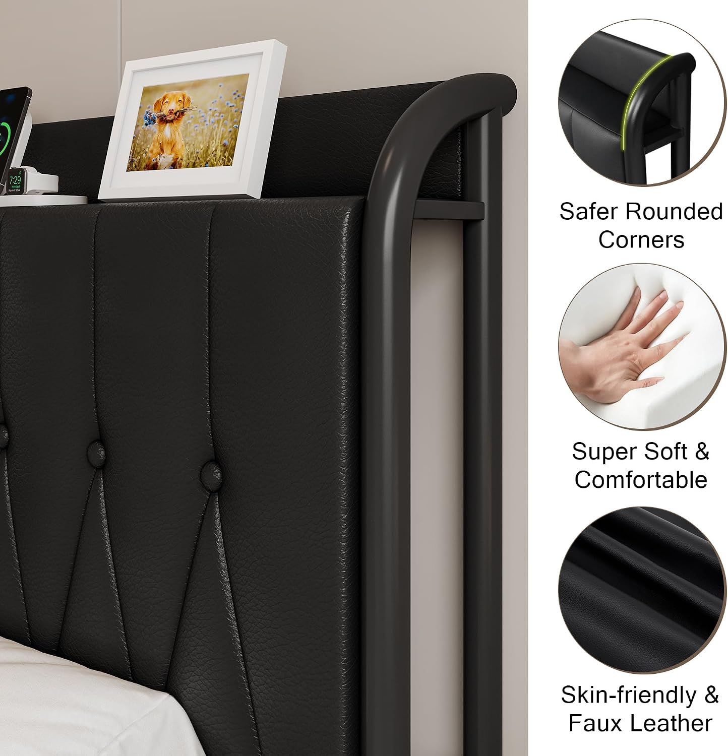 Einhomn Queen Bed Frame with Charging Station, Platform Bed with Faux Leather Upholstered Storage Headboard & Footboard, 12' Underbed Space, Noise-Free, Easy Assembly, No Box Spring Needed, Black