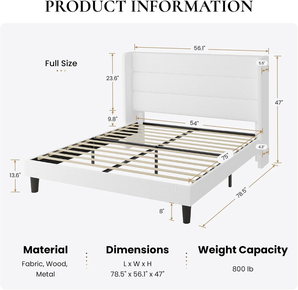 SHA CERLIN Full Size Velvet Bed Frame with Wingback Headboard/Upholstered Platform Bed with Wooden Slats/Mattress Foundation/No Box Spring Needed/Easy Assembly/White