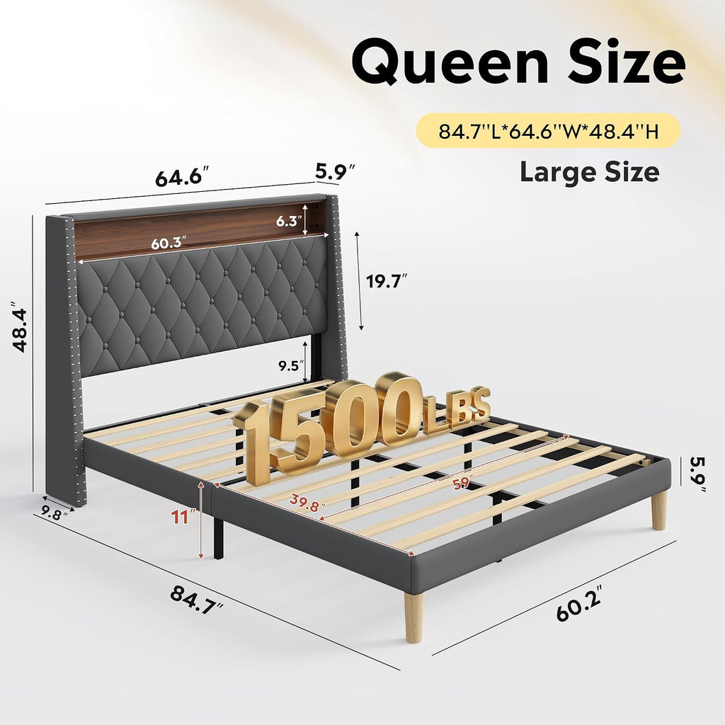 WLIVE Queen Size Upholstered Bed Frame with 48'' Tall Wingback Headboard, Velvet Square Tufted Platform Beds with Charging Station, Sturdy Metal & Wooden Slats Support, Grey