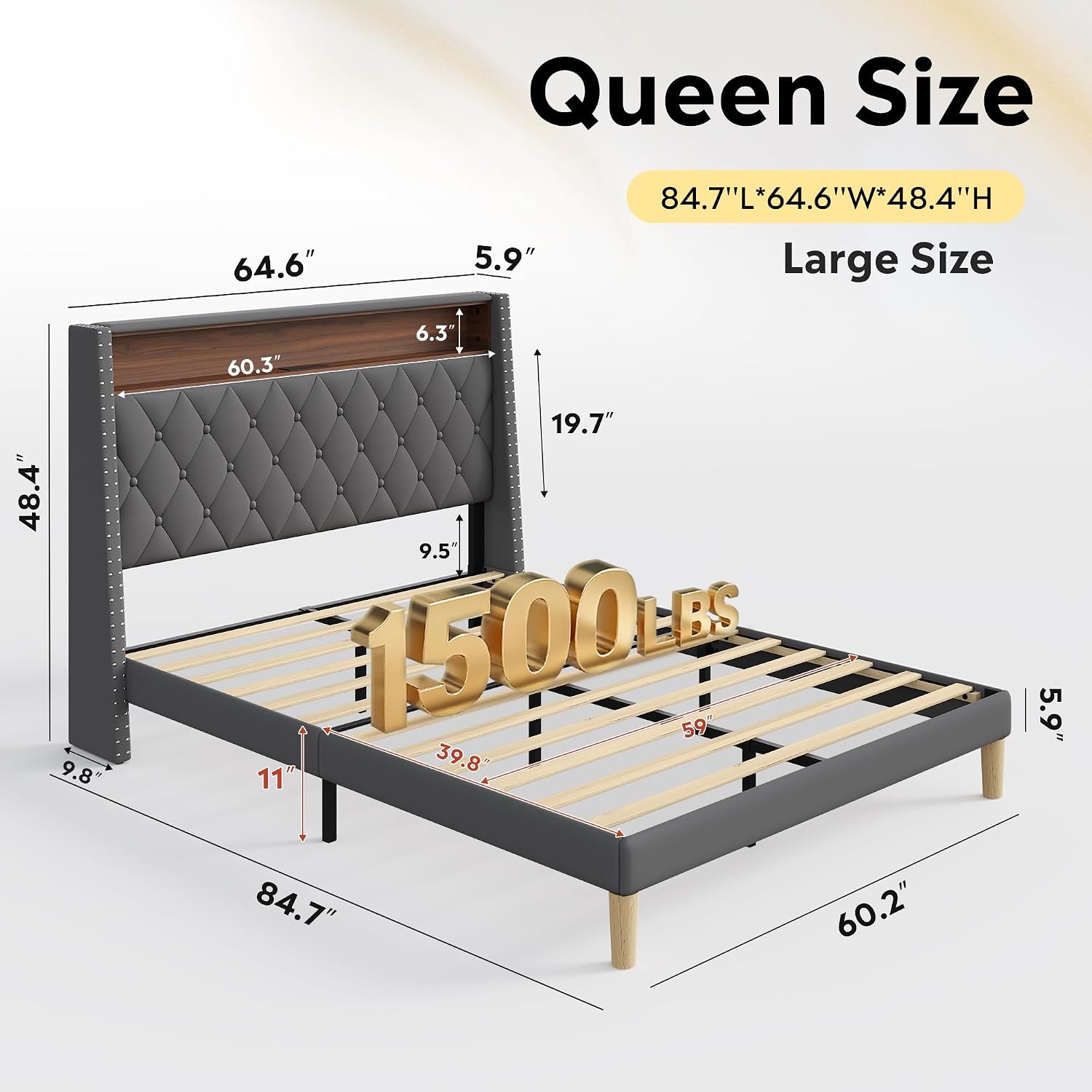 WLIVE Queen Size Upholstered Bed Frame with 48'' Tall Wingback Headboard, Velvet Square Tufted Platform Beds with Charging Station, Sturdy Metal & Wooden Slats Support, Grey
