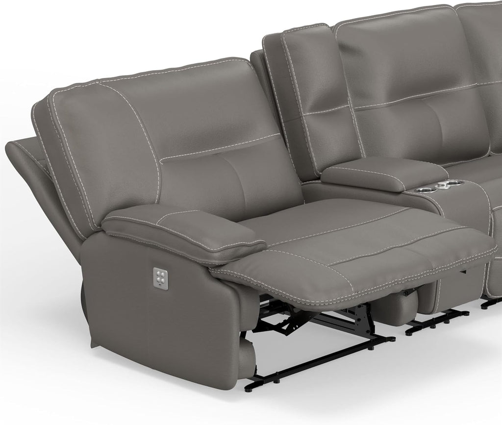 Pemberly Row Haze 7-Piece Power Reclining Sectional, 133'W x 133'D x 40'H, Adjustable Headrests, Faux Leather Cover, Storage Console with Cup Holders, USB Charging Ports, Plush Living Room Furniture