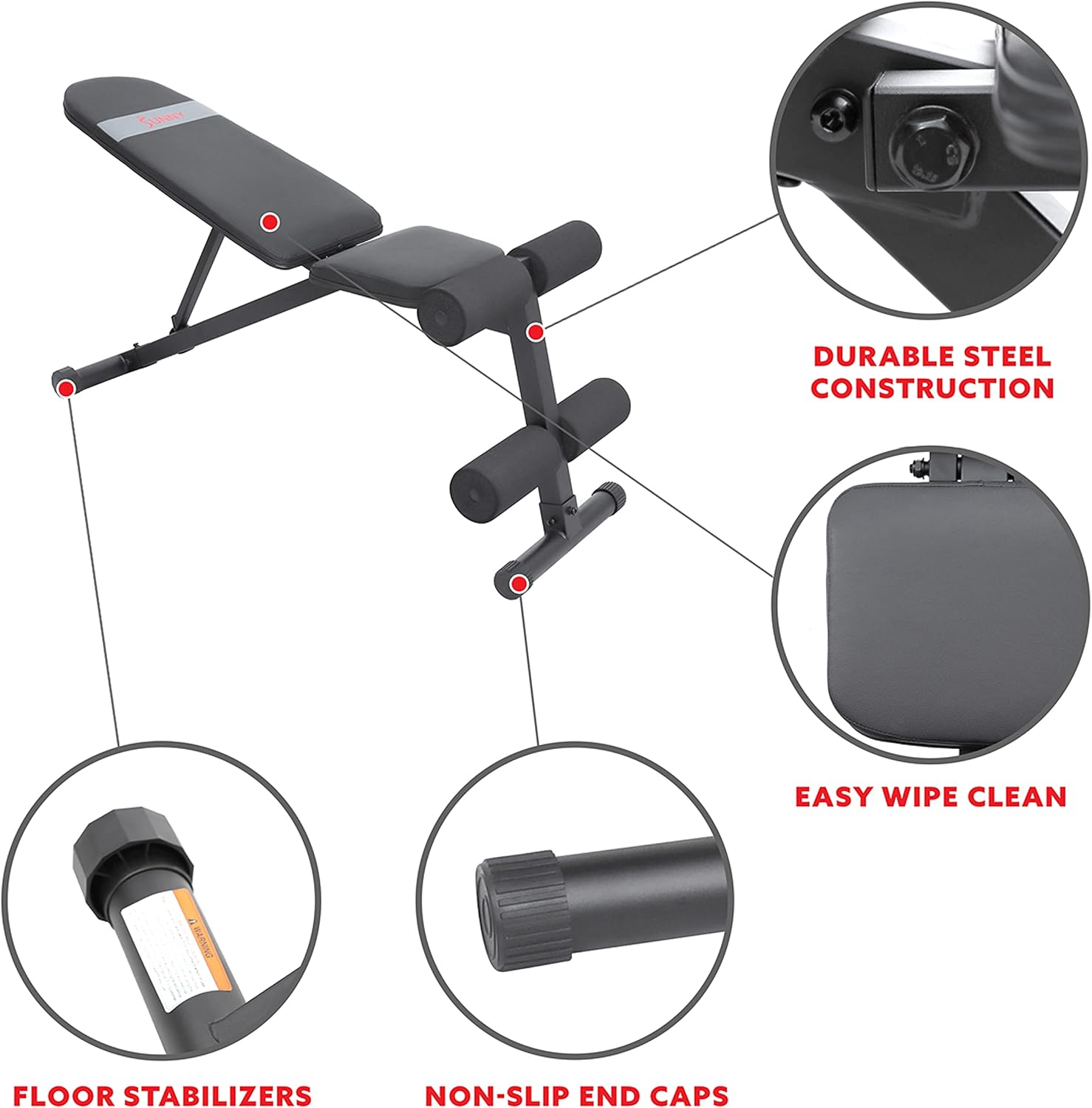 Sunny Health & Fitness Adjustable Weight Bench for Home Gym Strength Training, Incline/Decline, Multi-Position, High Weight Capacity