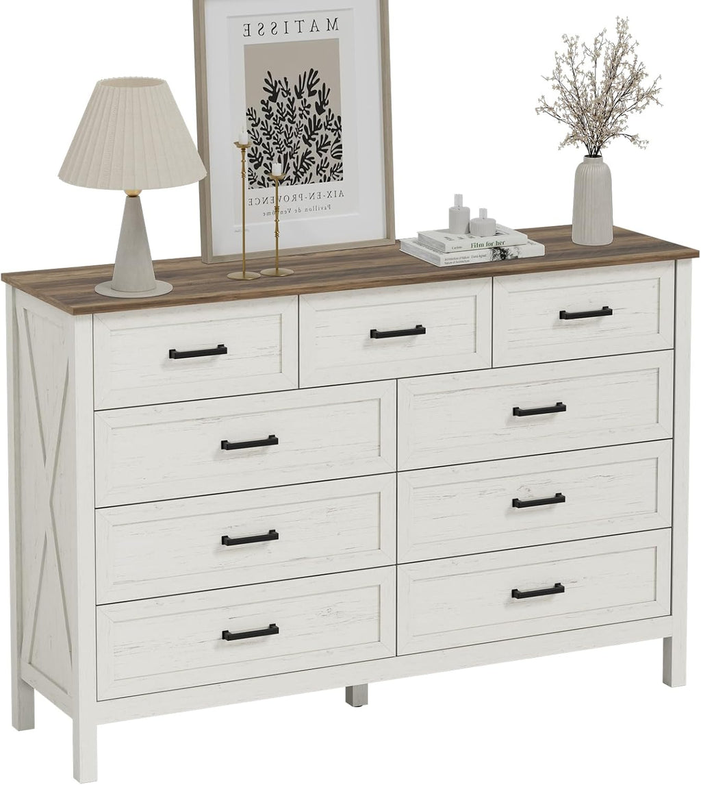 LYNSOM Farmhouse 9 Drawer Dresser for Bedroom, 55 Inch Wide Wood Rustic Chest of Drawers with X-Marking & Bar Handle, Large Storage Dressers Organizer for Bedroom, Living Room, Antique White