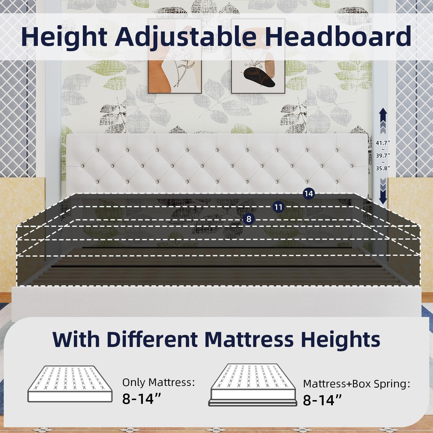 BarnFurin King Size Platform Bed Frame, Fabric Upholstered Bed with Button Tufted Headboard, Adjustable Headboard Design, Easy Assembly, No Box Spring Required, White
