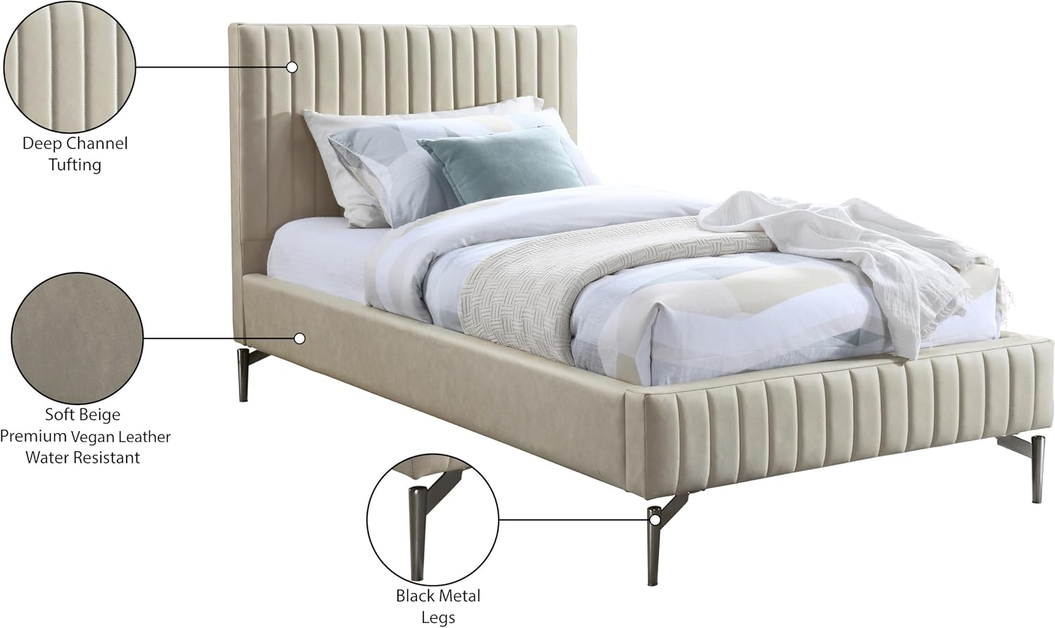 Meridian Furniture GalloBeige-T Gallo Collection Modern | Contemporary Twin Bed with Soft Beige Vegan Leather, Deep Channel Tufting and Black Metal Legs, 44' W x 84.5' D x 43.5' H, Beige, Twin