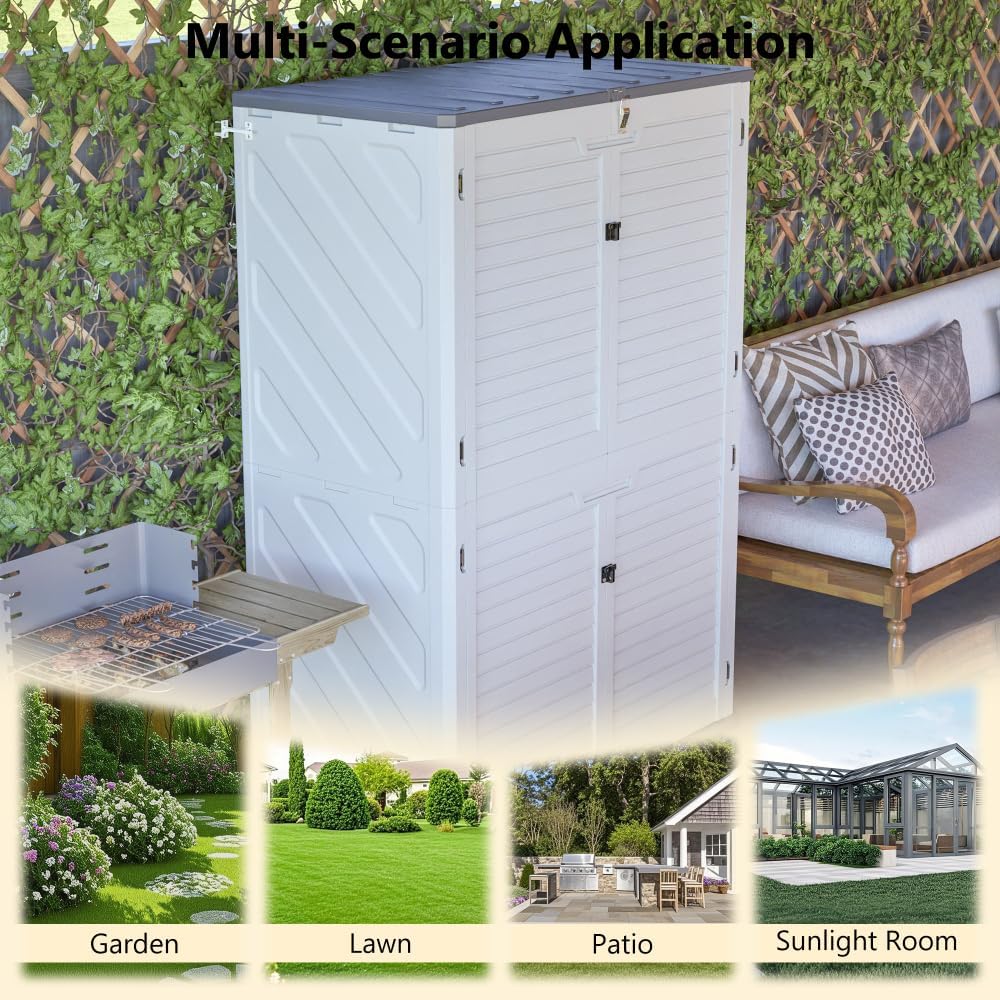 Heavy-Duty Plastic Storage Shed with Floor – Weather-Resistant Outdoor Utility Shed for Garden Tools, Lawn Equipment & Yard Supplies (M-with partitions -White + Plastic)