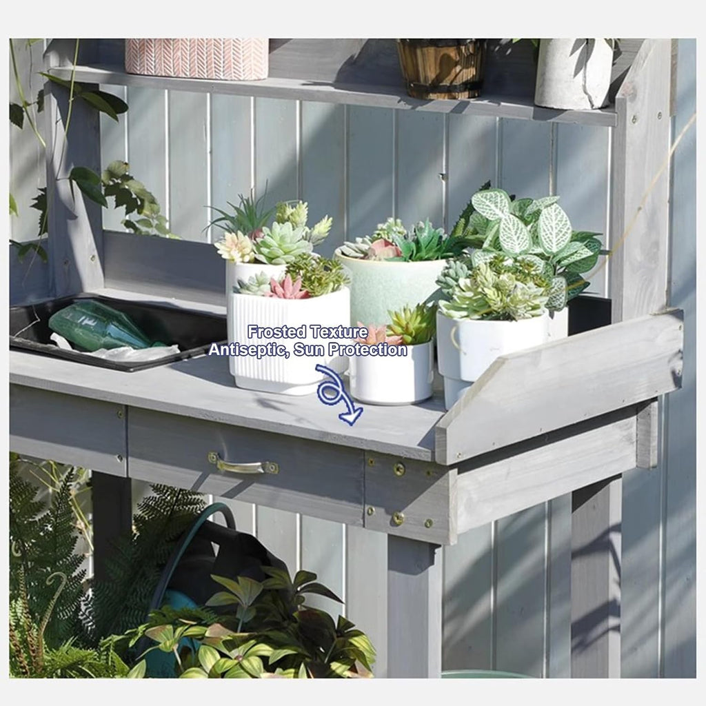 Potting Bench Table w/Wheels, Wood Garden Work Table with Sink, Drawer and Storage Shelves, Gardening Workstation for Yard Lawn Patio Indoor Outdoor Flower Plant Pot Bench