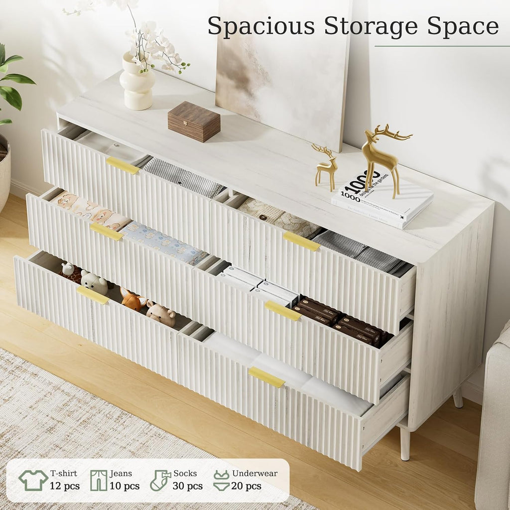 LYNSOM 55' Wide Fluted Dresser for Bedroom with 6 Drawer, Modern Chest of Drawers with Curved Profile Design and Metal Handles, Wood Dresser TV Stand & Storage Organizer for Living Room, White