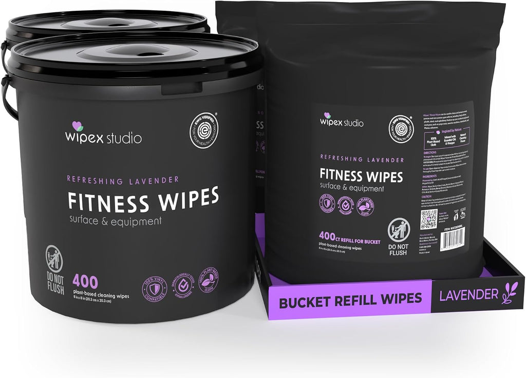 Wipex Gym Wipes for Equipment Bundle, EWG Verified, 1600 Count with (2) Lavender Buckets & (2) Refill Rolls - Plant-Based Fitness Equipment Wipes, Clean Surfaces & Mats, Safe Gym Cleaner