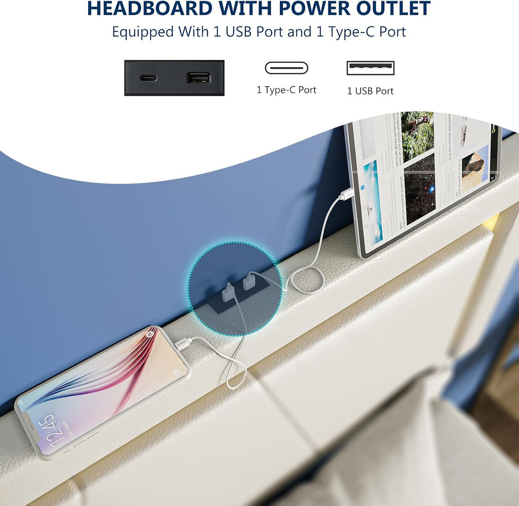 Queen Bed Frame with Adjustable Headboard, Upholstered Platform Bed with RGB LED Lights, 4 Storage Drawers & Charging Station (1 USB 1 Type-C), PU Leather Headboard, Noise-Free, No Box Spring Needed