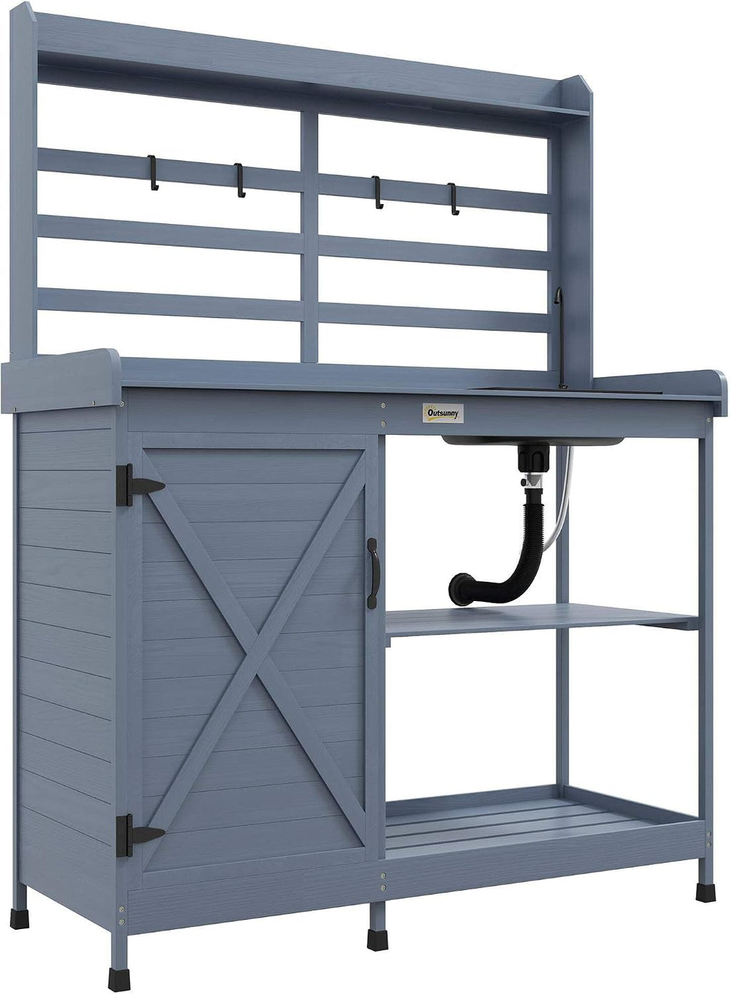 Bathroom Vanity Wooden Potting Bench, Outdoor Potting Table with Storage Cabinet, Storage Shelves, Sink, Water Tap, Wood Table Top for Backyard, Patio, Balcony, Gray