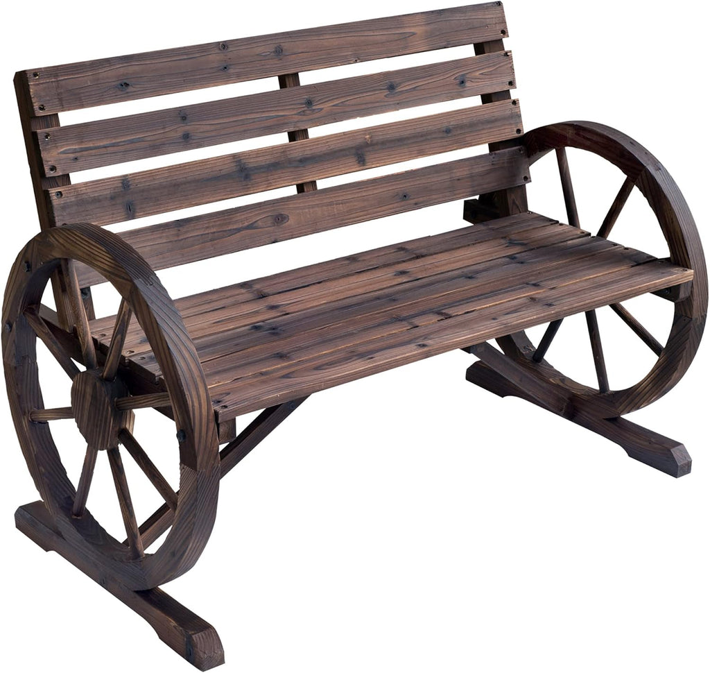 41' 2-Person Brown Wooden Wagon Wheel Bench, Rustic Outdoor Weather Resistance Furniture, Slatted Seat Bench with Backrest, Carbonized, for Backyard, Poolside, Lawn
