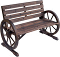 41' 2-Person Brown Wooden Wagon Wheel Bench, Rustic Outdoor Weather Resistance Furniture, Slatted Seat Bench with Backrest, Carbonized, for Backyard, Poolside, Lawn
