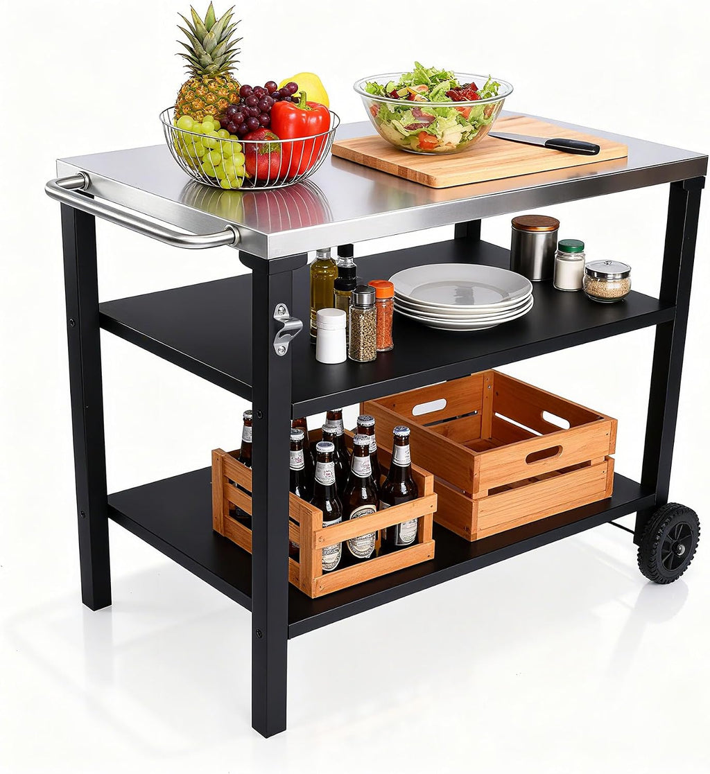 CubisVeta All-in-One Stainless Steel Kitchen Cart - Mobile Workbench with Storage Shelf & Built-in Opener for Indoor Outdoor Cooking, BBQ & Patio (Black and Silver, 39)