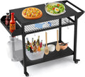 Heavy Duty Outdoor Grill Cart with Wheels - 3-Tier Rolling BBQ Prep Table & Pizza Oven Stand - Storage Shelves, Mesh Rack, Lockable Casters - Black Metal Utility Cart for Patio, Camping