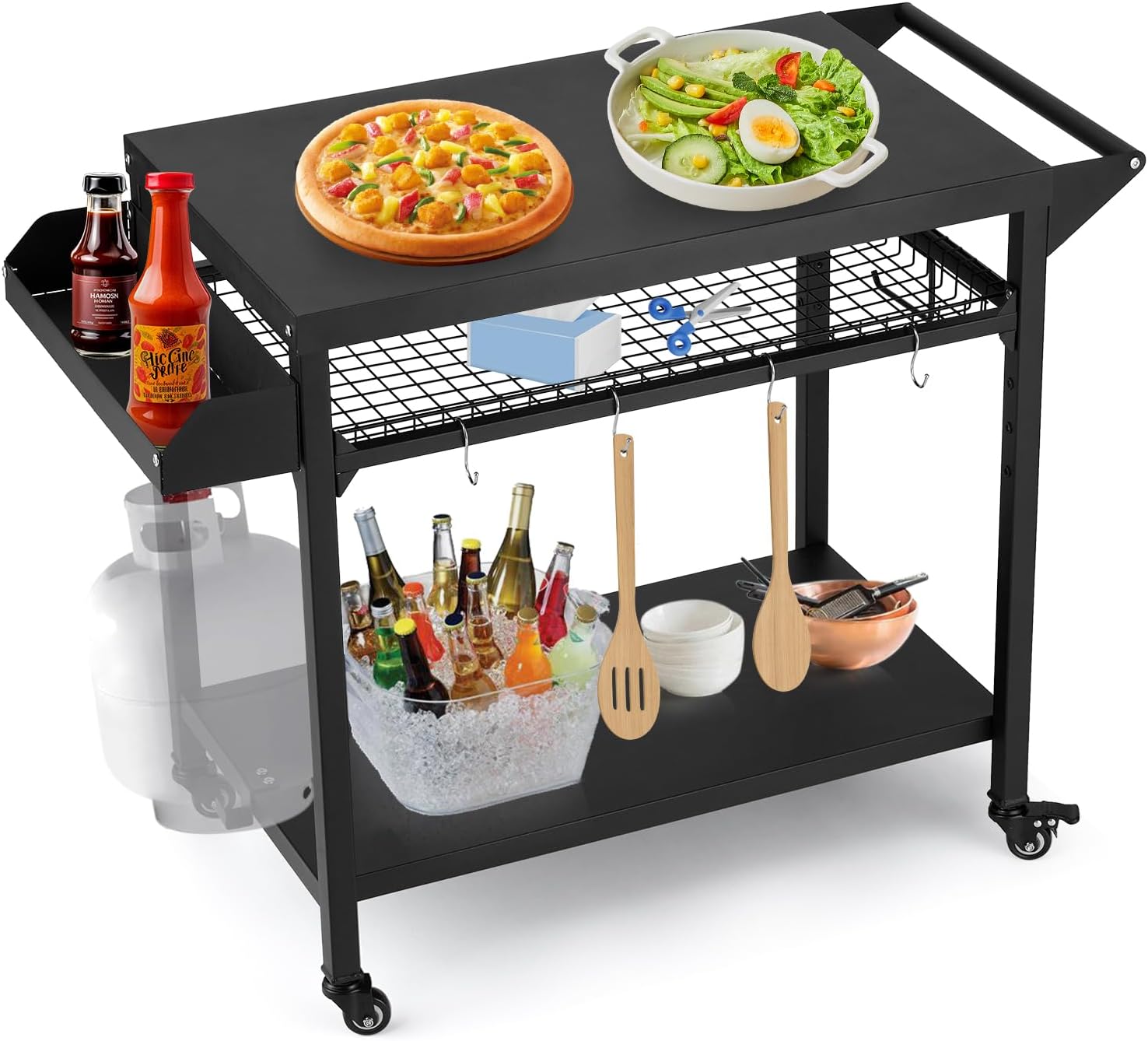 Heavy Duty Outdoor Grill Cart with Wheels - 3-Tier Rolling BBQ Prep Table & Pizza Oven Stand - Storage Shelves, Mesh Rack, Lockable Casters - Black Metal Utility Cart for Patio, Camping