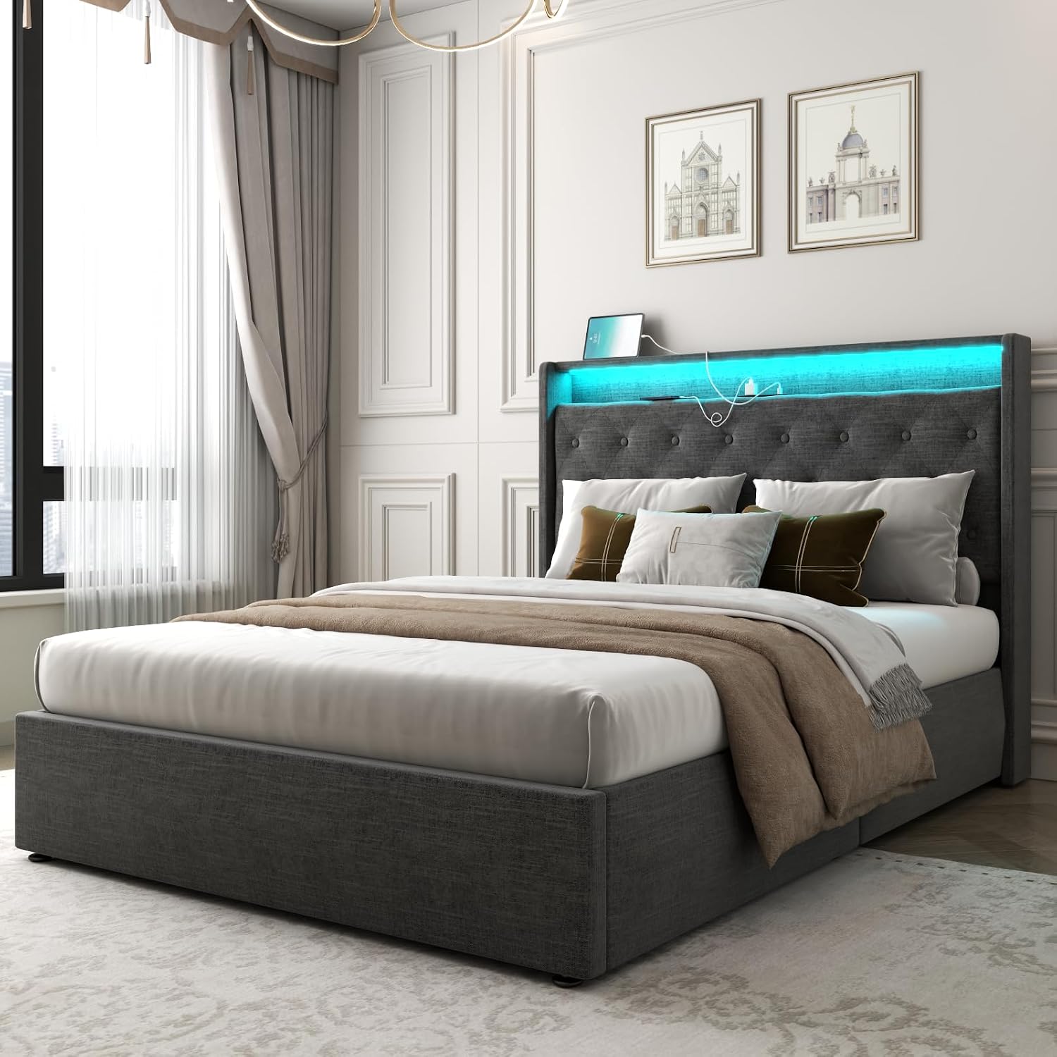 Loomie Full Lift Up Bed Frame with Charging Station & LED Lights, Upholstered Bed with Button Tufted Wingback Storage Headboard, Hydraulic Storage, No Box Spring Needed, Wood Slats Support,Dark Grey