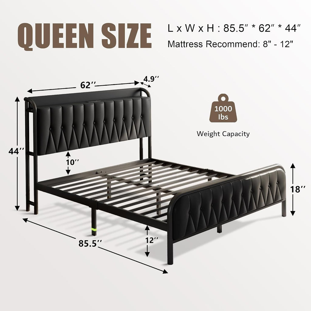 Einhomn Queen Bed Frame with Charging Station, Platform Bed with Faux Leather Upholstered Storage Headboard & Footboard, 12' Underbed Space, Noise-Free, Easy Assembly, No Box Spring Needed, Black